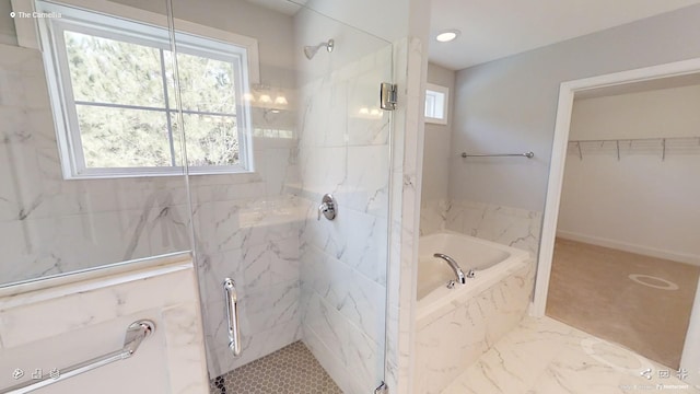 2408 Oakmont Ln, Mount Juliet, TN 37122 - full bathroom featuring a marble finish shower, a garden tub, marble look tile flooring, and a spacious closet