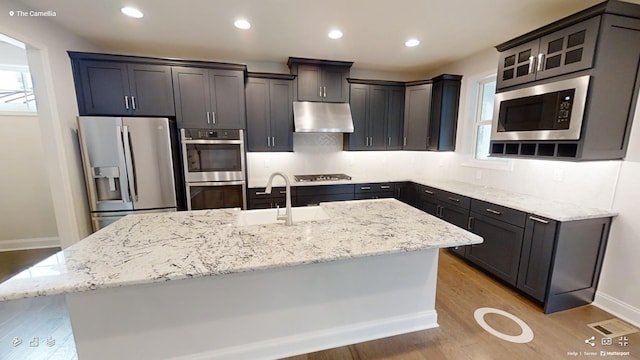 2408 Oakmont Ln, Mount Juliet, TN 37122 - kitchen featuring appliances with stainless steel finishes, a sink, under cabinet range hood, light wood-style floors, and recessed lighting