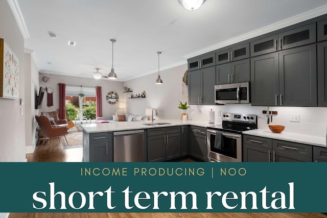 3303 Gallatin Pike Unit 202, Nashville, TN 37216 - kitchen featuring appliances with stainless steel finishes, a sink, crown molding, a peninsula, and open floor plan
