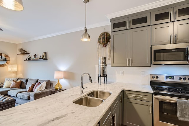 3303 Gallatin Pike Unit 202, Nashville, TN 37216 - kitchen featuring appliances with stainless steel finishes, a sink, ornamental molding, light stone countertops, and open floor plan