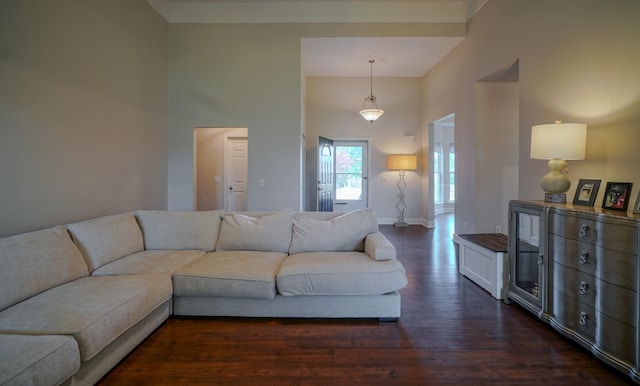 3302 Foxtrot Ct, Spring Hill, TN 37174 - living area featuring dark wood-style floors, a towering ceiling, and baseboards