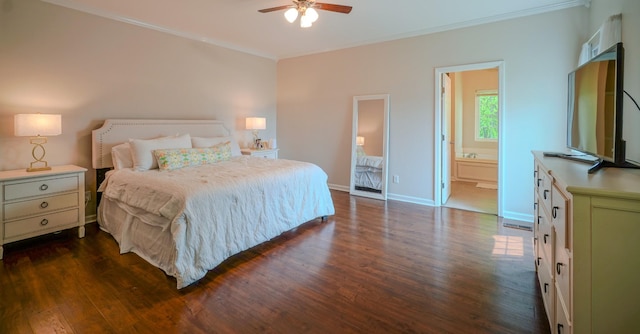3302 Foxtrot Ct, Spring Hill, TN 37174 - bedroom featuring ornamental molding, dark wood-style floors, baseboards, connected bathroom, and ceiling fan