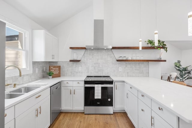 408 Adair Rd, Nashville, TN 37214 - kitchen with stainless steel appliances, open shelves, a sink, light countertops, and a peninsula