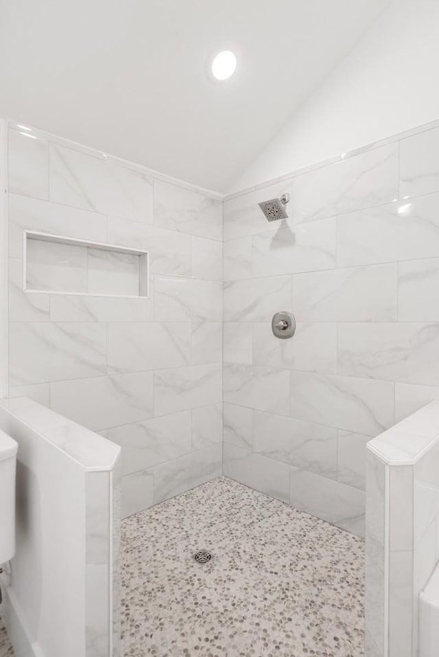 408 Adair Rd, Nashville, TN 37214 - full bathroom featuring lofted ceiling and tiled shower
