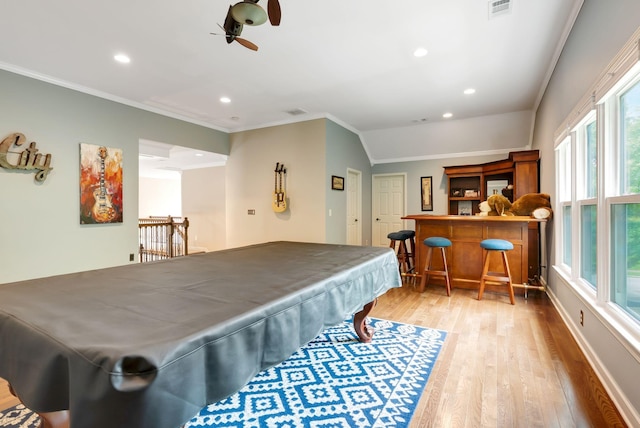 106 Ashton Park Blvd, Franklin, TN 37067 - recreation room with pool table, a dry bar, light wood-style flooring, crown molding, and recessed lighting