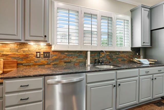 106 Ashton Park Blvd, Franklin, TN 37067 - kitchen featuring stainless steel dishwasher, a sink, gray cabinetry, backsplash, and dark stone countertops