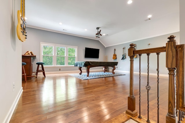106 Ashton Park Blvd, Franklin, TN 37067 - playroom with baseboards, ornamental molding, vaulted ceiling, recessed lighting, and wood finished floors