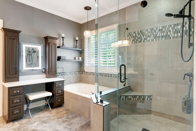106 Ashton Park Blvd, Franklin, TN 37067 - bathroom with a garden tub, a stall shower, ornamental molding, and vanity