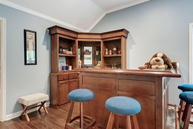 106 Ashton Park Blvd, Franklin, TN 37067 - indoor dry bar with ornamental molding, dark wood-type flooring, vaulted ceiling, and baseboards