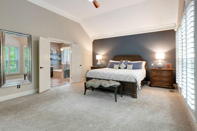 106 Ashton Park Blvd, Franklin, TN 37067 - carpeted bedroom featuring vaulted ceiling, ornamental molding, baseboards, ensuite bath, and ceiling fan