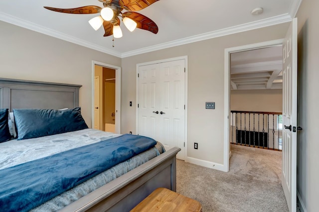 106 Ashton Park Blvd, Franklin, TN 37067 - carpeted bedroom with ornamental molding, baseboards, a closet, ceiling fan, and beamed ceiling