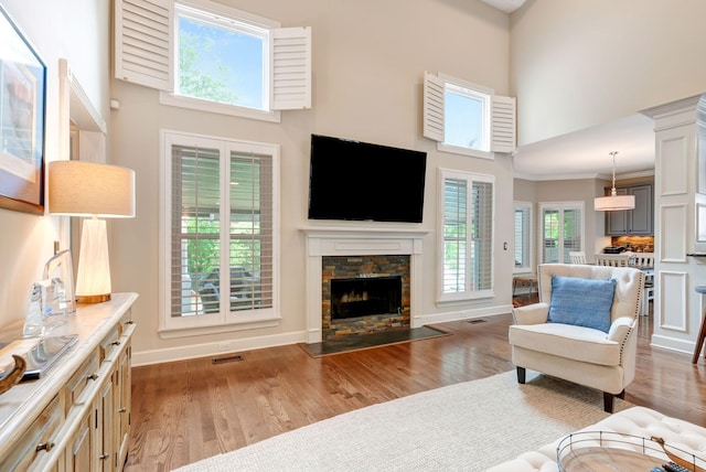 106 Ashton Park Blvd, Franklin, TN 37067 - living area with a high ceiling, light wood-style floors, a fireplace, and baseboards