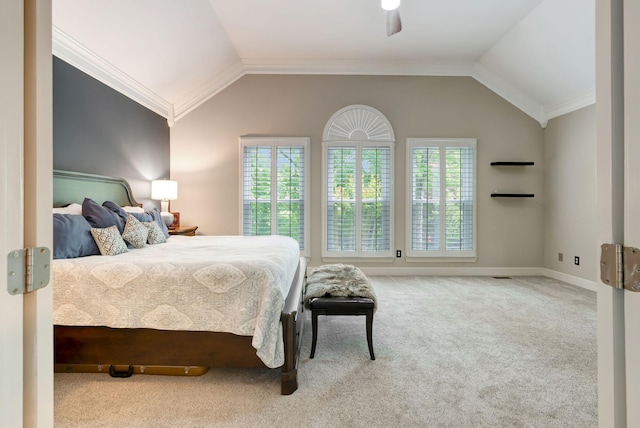 106 Ashton Park Blvd, Franklin, TN 37067 - carpeted bedroom featuring vaulted ceiling, baseboards, ceiling fan, and ornamental molding