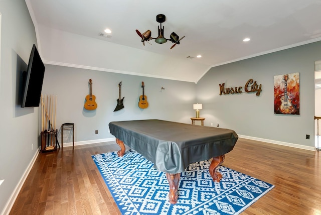106 Ashton Park Blvd, Franklin, TN 37067 - game room featuring a ceiling fan, wood finished floors, pool table, crown molding, and lofted ceiling