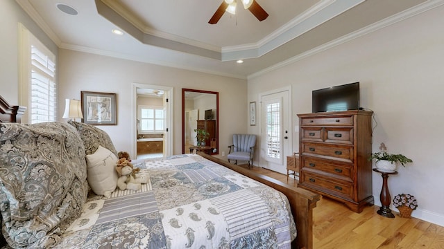516 Letcher Ave, Lebanon, TN 37087 - bedroom with light wood-type flooring, a raised ceiling, baseboards, ornamental molding, and a ceiling fan