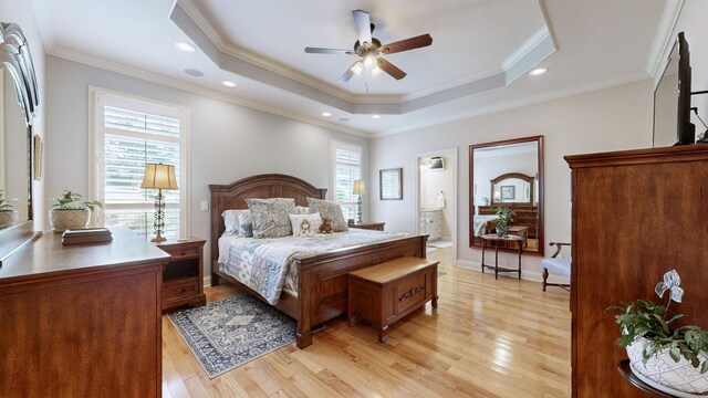 516 Letcher Ave, Lebanon, TN 37087 - bedroom with light wood-style floors, crown molding, a tray ceiling, recessed lighting, and a ceiling fan