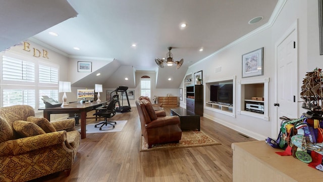 516 Letcher Ave, Lebanon, TN 37087 - living area with crown molding, an office area, a chandelier, wood finished floors, and baseboards