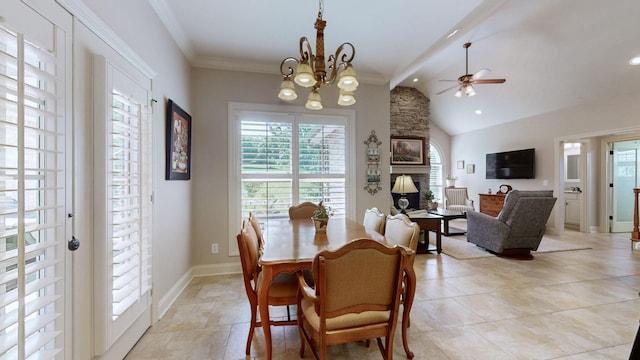 516 Letcher Ave, Lebanon, TN 37087 - dining room with a ceiling fan, vaulted ceiling, a fireplace, light tile patterned floors, and baseboards