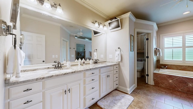 516 Letcher Ave, Lebanon, TN 37087 - full bathroom with double vanity, a ceiling fan, a garden tub, toilet, and ornamental molding