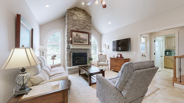 516 Letcher Ave, Lebanon, TN 37087 - living room featuring lofted ceiling, ceiling fan, a fireplace, recessed lighting, and light tile patterned floors