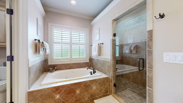 516 Letcher Ave, Lebanon, TN 37087 - bathroom featuring a garden tub, toilet, a stall shower, and crown molding