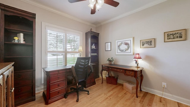 516 Letcher Ave, Lebanon, TN 37087 - office area featuring a ceiling fan, light wood-type flooring, baseboards, and ornamental molding