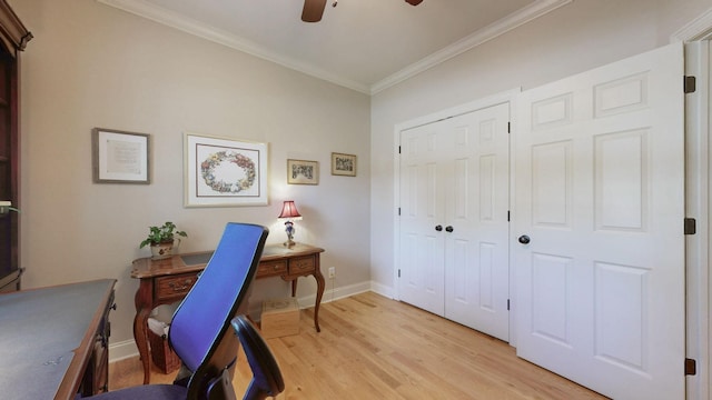 516 Letcher Ave, Lebanon, TN 37087 - home office with crown molding, ceiling fan, light wood finished floors, and baseboards