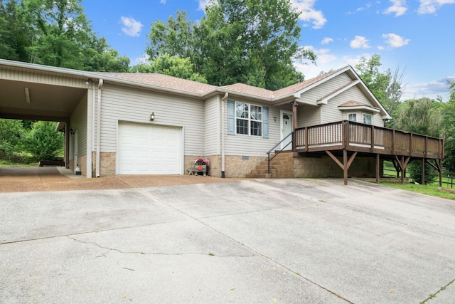 97 Whitefield Ln, Carthage, TN 37030 - single story home with a garage, concrete driveway, a deck, a shingled roof, and a carport