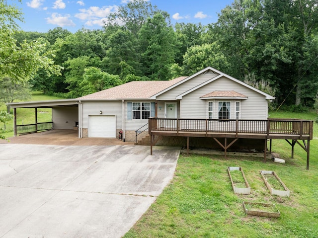 97 Whitefield Ln, Carthage, TN 37030 - ranch-style house with a carport, an attached garage, a wooden deck, and a front lawn