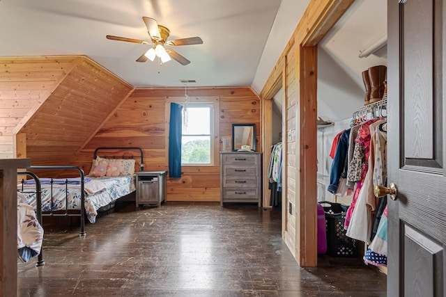 2223 Simmons Ridge Rd, Cornersville, TN 37047 - bedroom with wood walls, lofted ceiling, wood-type flooring, and a ceiling fan
