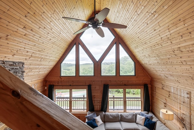 2223 Simmons Ridge Rd, Cornersville, TN 37047 - living room featuring wooden walls, a ceiling fan, high vaulted ceiling, and wood ceiling