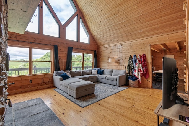 2223 Simmons Ridge Rd, Cornersville, TN 37047 - living room with wood walls, high vaulted ceiling, wood-type flooring, and wood ceiling