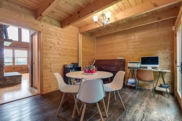 2223 Simmons Ridge Rd, Cornersville, TN 37047 - dining room featuring wooden ceiling with exposed beams, dark wood-type flooring, wooden walls, and a chandelier