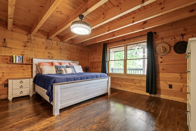 2223 Simmons Ridge Rd, Cornersville, TN 37047 - bedroom with dark wood finished floors, wood ceiling with exposed beams, and wood walls