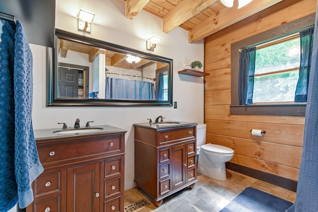 2223 Simmons Ridge Rd, Cornersville, TN 37047 - full bath featuring wood ceiling with exposed beams, wood walls, two vanities, toilet, and a shower with shower curtain