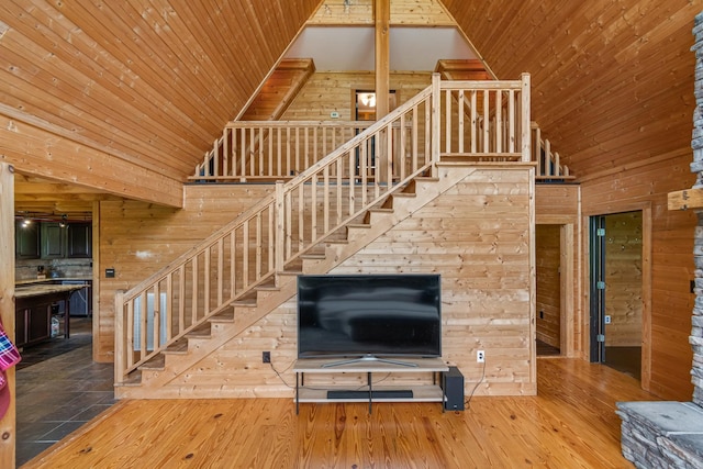 2223 Simmons Ridge Rd, Cornersville, TN 37047 - staircase with high vaulted ceiling, wood walls, wooden ceiling, and hardwood / wood-style floors