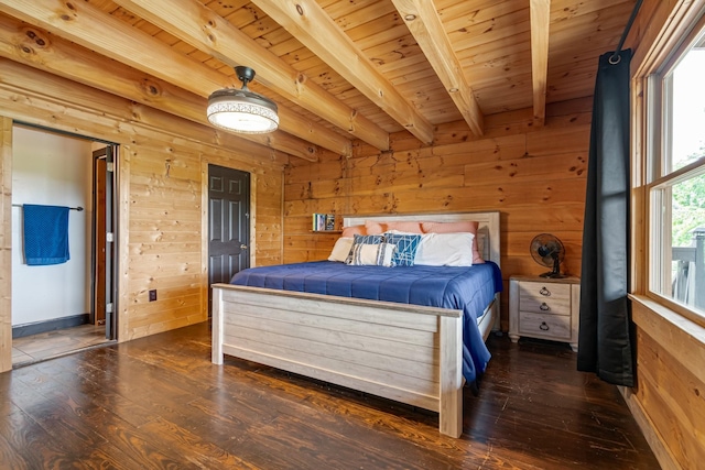 2223 Simmons Ridge Rd, Cornersville, TN 37047 - bedroom featuring dark wood-style floors, wooden ceiling with exposed beams, and wood walls