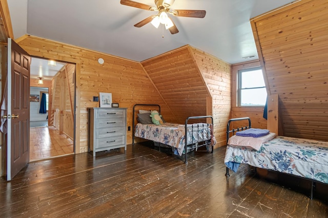 2223 Simmons Ridge Rd, Cornersville, TN 37047 - bedroom featuring wood walls, hardwood / wood-style flooring, and a ceiling fan