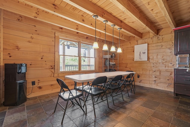 2223 Simmons Ridge Rd, Cornersville, TN 37047 - dining room featuring wood ceiling with exposed beams, stone tile floors, and wooden walls