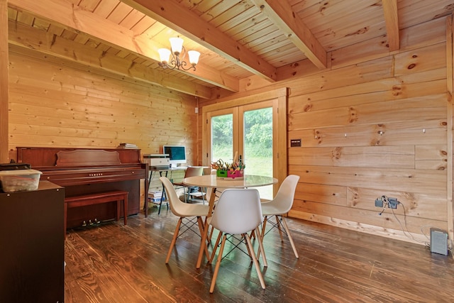 2223 Simmons Ridge Rd, Cornersville, TN 37047 - dining room featuring wood walls, wood ceiling with exposed beams, wood-type flooring, and a chandelier