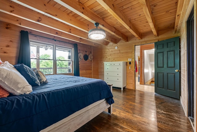 2223 Simmons Ridge Rd, Cornersville, TN 37047 - bedroom featuring wooden walls, wooden ceiling with exposed beams, and dark wood-style flooring