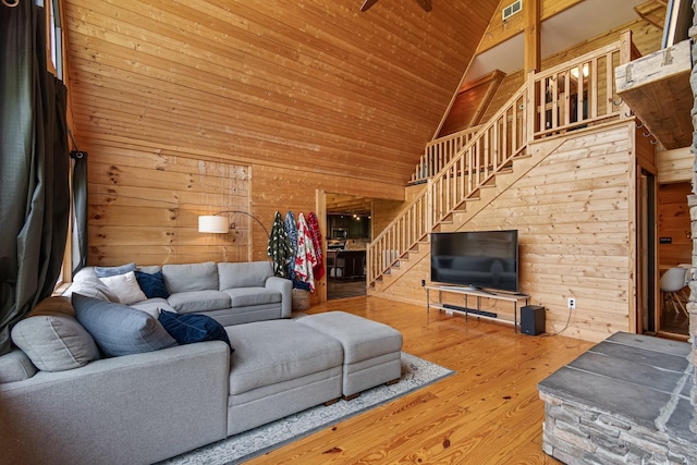 2223 Simmons Ridge Rd, Cornersville, TN 37047 - living area with stairs, wooden walls, high vaulted ceiling, wood finished floors, and wooden ceiling