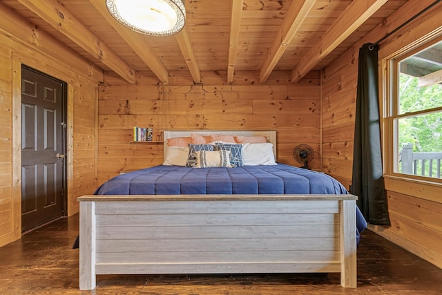 2223 Simmons Ridge Rd, Cornersville, TN 37047 - bedroom featuring wooden ceiling with exposed beams, wooden walls, and dark wood-style floors