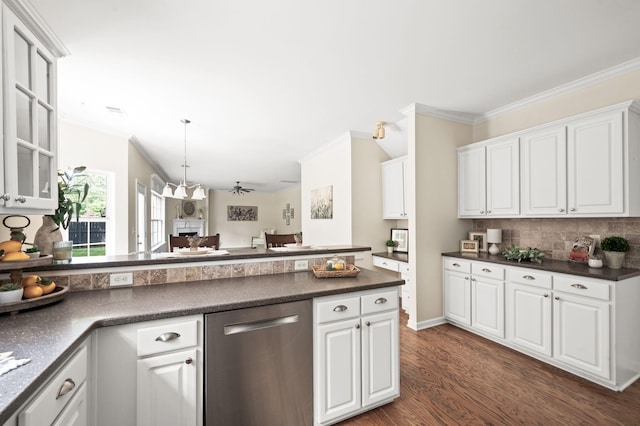 3113 Friars Bridge Pass, Franklin, TN 37064 - kitchen featuring dishwasher, ornamental molding, dark countertops, white cabinets, and dark wood finished floors