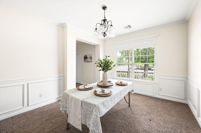 3113 Friars Bridge Pass, Franklin, TN 37064 - dining area with carpet flooring, a chandelier, ornamental molding, wainscoting, and a decorative wall