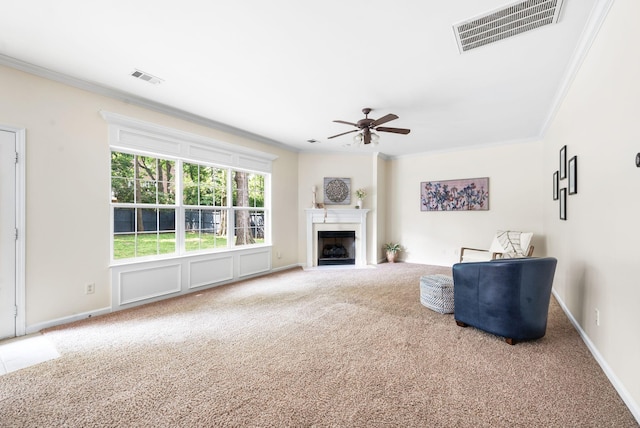 3113 Friars Bridge Pass, Franklin, TN 37064 - unfurnished living room with carpet flooring, ornamental molding, a ceiling fan, a fireplace, and baseboards