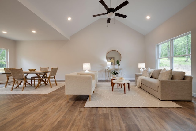 766 Billy Wynn Rd, Dickson, TN 37055 - living room with light wood-style floors, a ceiling fan, recessed lighting, baseboards, and high vaulted ceiling