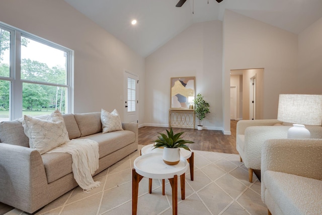 766 Billy Wynn Rd, Dickson, TN 37055 - living area with a ceiling fan, high vaulted ceiling, light wood-type flooring, baseboards, and recessed lighting