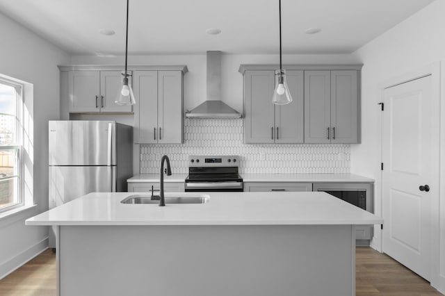 726 N Dupont Ave, Madison, TN 37115 - kitchen with appliances with stainless steel finishes, wall chimney range hood, gray cabinetry, and a sink