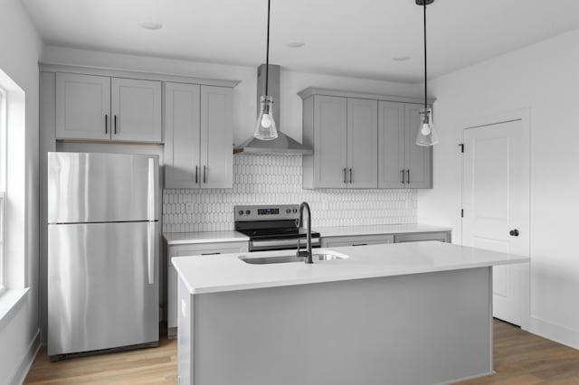 726 N Dupont Ave, Madison, TN 37115 - kitchen with stainless steel appliances, a sink, gray cabinets, wall chimney range hood, and light countertops